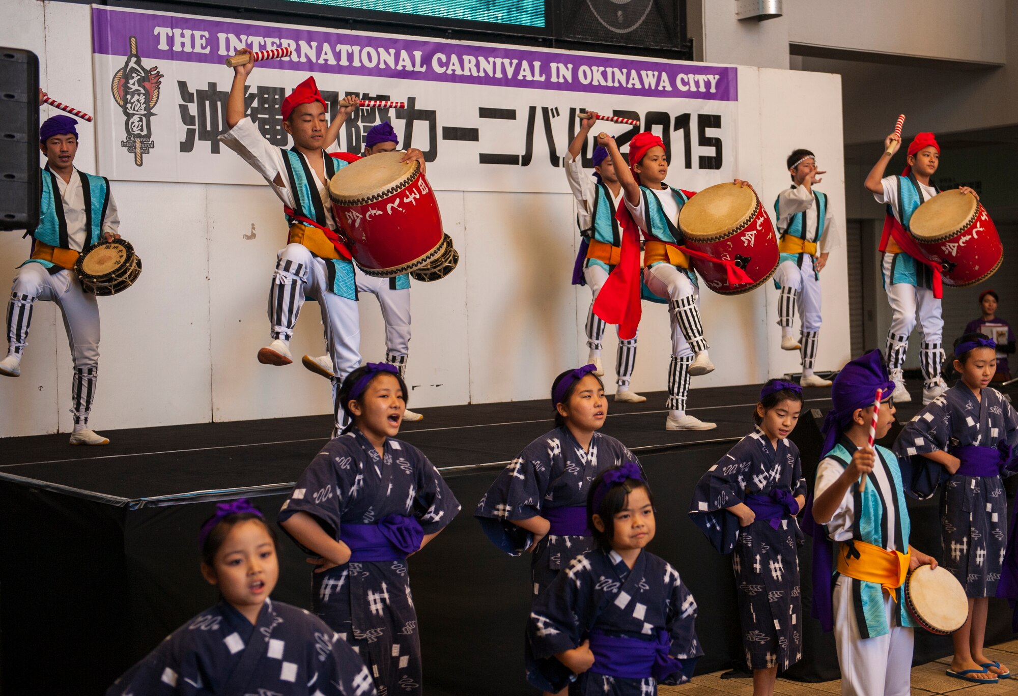 Okinawan children from the Sonda Children Association perform Eisa drumming and dancing as part of the Okinawan International Carnival Nov. 28, 2015, in Okinawa City, Japan. The Okinawa City Carnival is held annually as a celebration of the partnership between Okinawa and Team Kadena. (U.S. Air Force photo by Airman 1st Class Nicholas Emerick)