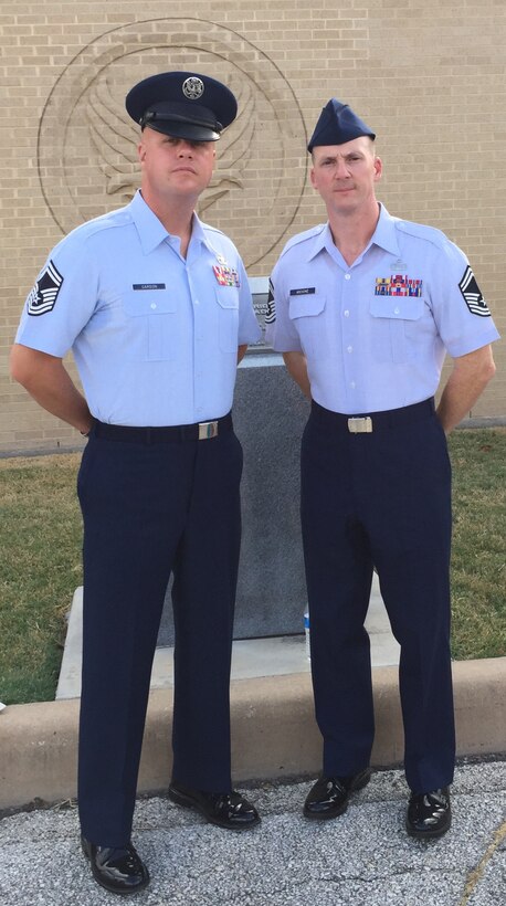 Senior Master Sgts. Ryan Carson (left) and Matthew Ascione of Max Impact visit Lackland Air Force Base. The two were at the first stop in every Airman's career - basic military training - in search of material for an all-new song. (Air Force photo by Senior Master Sgt. Lezlee Masson/released)

