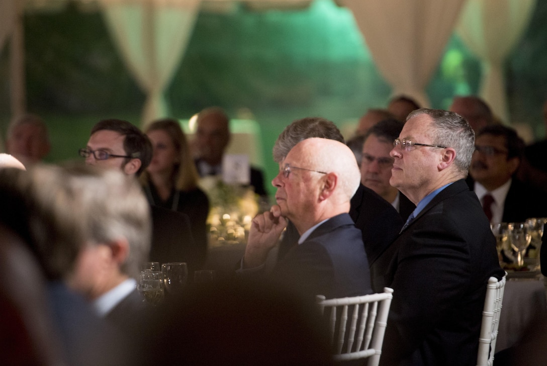 Deputy Secretary of Defense Bob Work listens as former Defense Secretary William Perry delivers remarks after being presented the inaugural Innovators in Defense, Enterprise, Academia and Science award during the World Economic Forum dinner at the Pentagon, Sept. 30, 2015. DoD photo by Air Force Senior Master Sgt. Adrian Cadiz