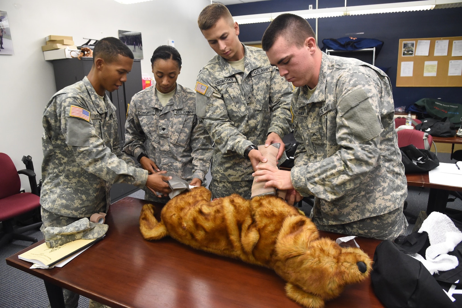 Students from the Military Working Dog Handlers Course at Joint Base San Antonio-Lackland, Texas, treat simulated military working dog injuries Sept. 10, 2015. The innovative design of the MWD simulator is helping the 341st Training Squadron provide a realistic training course for MWD handlers and better prepare them to save the life of their canines if needed. (U.S. Air Force photo by Photo by Staff Sgt. Chelsea Brownin/Released)