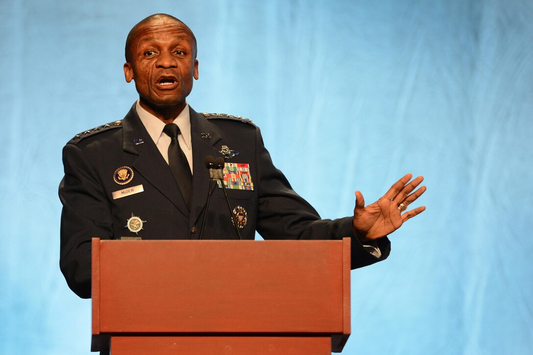 Air Force Gen. Darren W. McDew, commander of U.S. Transportation Command, delivers the keynote address on the second day of the Transcom and National Defense Transportation Association 2015 fall meeting at the Gaylord National Resort and Convention Center in National Harbor, Md., Sept. 29, 2015. DoD photo by Marvin Lynchard