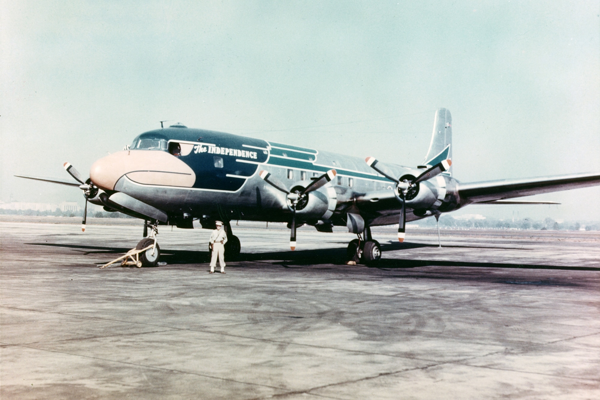Early photograph of The Independence with a yellow eagle’s beak. It was repainted white later because the yellow paint interfered with the weather radar. (U.S. Air Force photo)