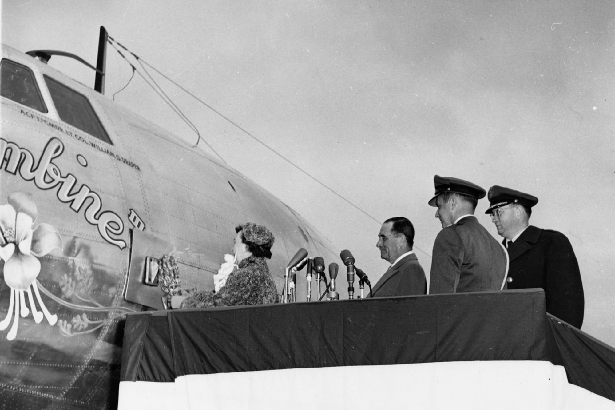 First Lady, Mamie Eisenhower christening the "Columbine III" at Washington National Airport on Nov. 24, 1954. (U.S. Air Force photo)