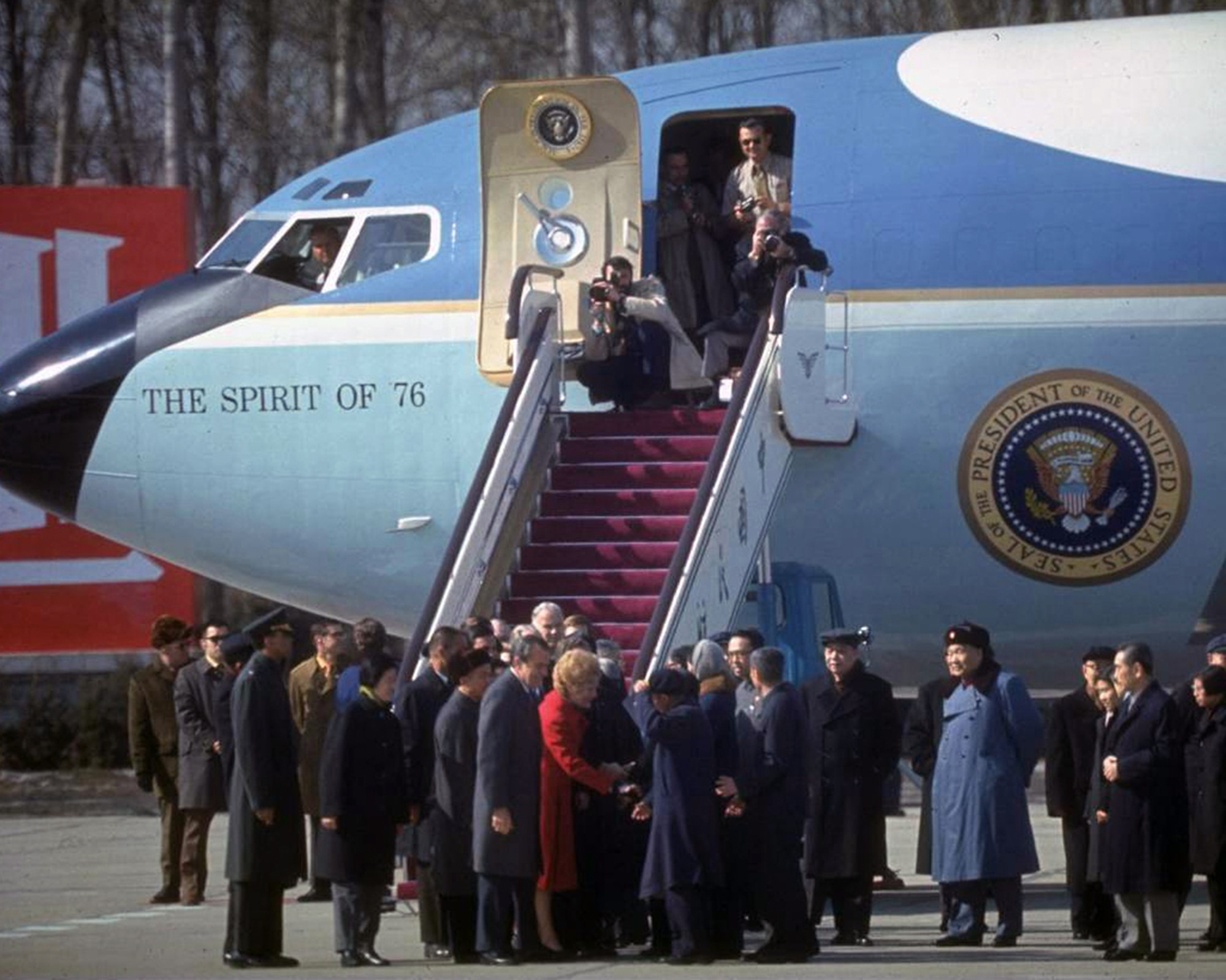 President and Mrs. Nixon are met by People’s Republic of China Premier Zhou Enlai. For a short period, President Nixon renamed SAM 26000 as "The Spirit of 76" in honor of the nation’s bicentennial. (Courtesy of Time Inc.)