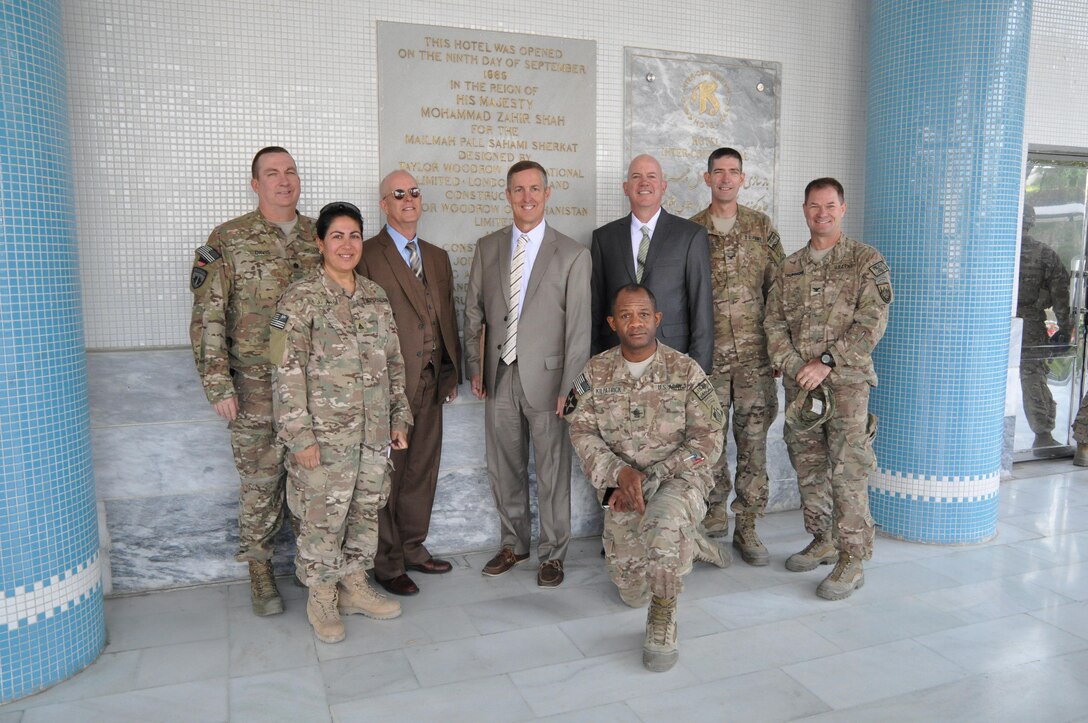 Savannah District's Chief of Engineering Gordon Simmons (center) with other Transatlantic Afghanistan District members before a meeting with the Afghanistan Builders Association. Here, they are outside the Hotel Intercontinental located in Kabul in October 2014. 