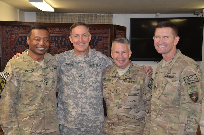 Savannah District's Chief of Engineering Gordon Simmons (second from left) meets with USACE Commander Lt. Gen. Thomas Bostick (left), during Bostick's theater visit in October 2014. Others pictured are  Maj. Gen. Todd Semonite, Commander of Afghanistan's Combined Security Transition Command and then Brig. Gen. Donald Jackson, Transatlantic Afghanistan Division's Forward Commander.