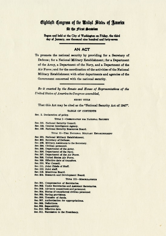 Copy (enlarged) of the National Security Act of 1947, which was signed by President Truman and established the United States Air Force. (U.S. Air Force photo)