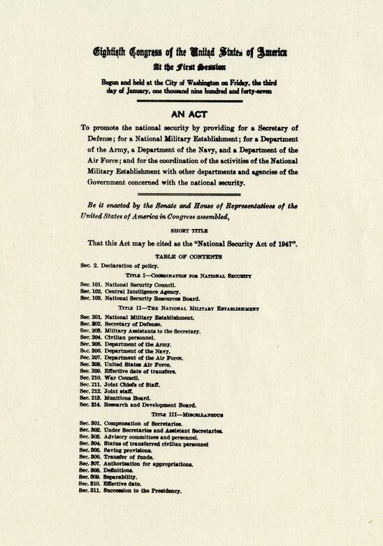 Copy (enlarged) of the National Security Act of 1947, which was signed by President Truman and established the United States Air Force. (U.S. Air Force photo)