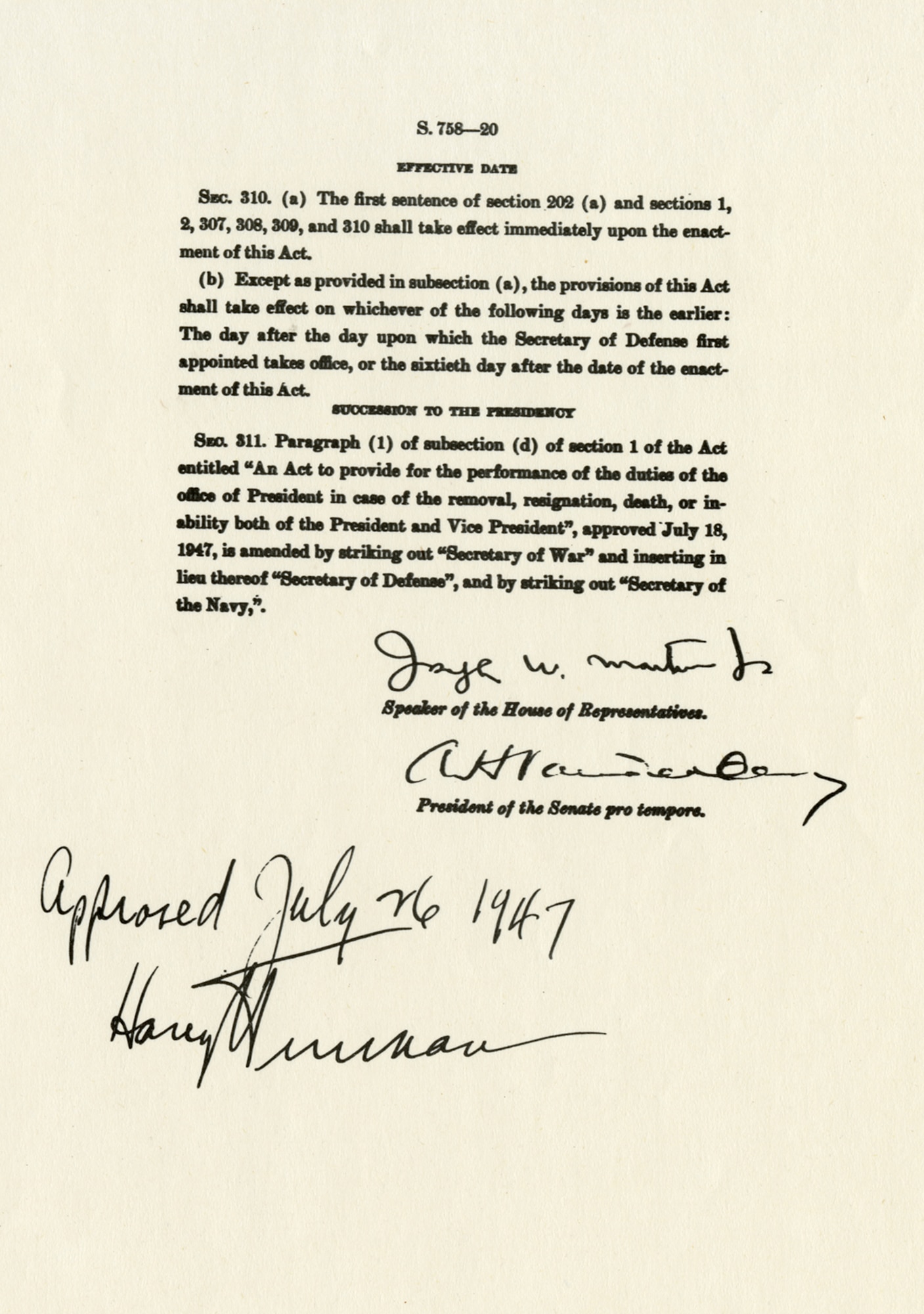 Copy (enlarged) of the National Security Act of 1947, which was signed by President Truman and established the United States Air Force. (U.S. Air Force photo)