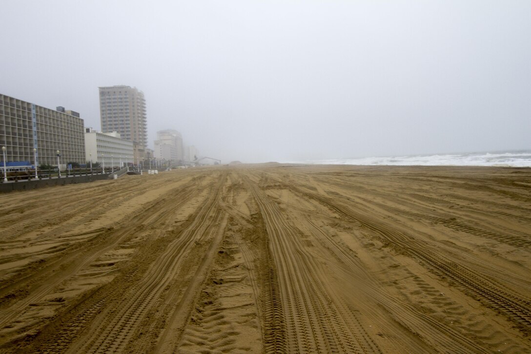 VIRGINIA BEACH, Va. -- Ahead of Hurricane Joaquin, waves break on the shore of the Virginia Beach Hurricane Protection project Oct. 1, 2015.  The Norfolk District, in partnership with the City of Virginia Beach, completed a beach renourishment project in 2013 that widened the buffer between storm surge and the city’s homes, businesses, and tourist attractions. Before Hurricane Joaquin, Norfolk District project teams will assess the Virginia Beach Hurricane Protection project, and will do a post-storm assessment to document any impacts to the system. (U.S. Army photo/Patrick Bloodgood)