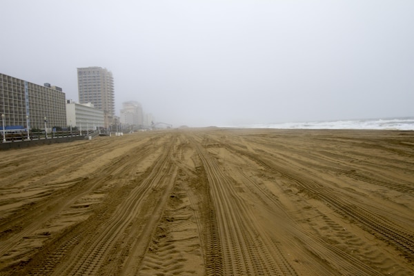 VIRGINIA BEACH, Va. -- Ahead of Hurricane Joaquin, waves break on the shore of the Virginia Beach Hurricane Protection project Oct. 1, 2015.  The Norfolk District, in partnership with the City of Virginia Beach, completed a beach renourishment project in 2013 that widened the buffer between storm surge and the city’s homes, businesses, and tourist attractions. Before Hurricane Joaquin, Norfolk District project teams will assess the Virginia Beach Hurricane Protection project, and will do a post-storm assessment to document any impacts to the system. (U.S. Army photo/Patrick Bloodgood)