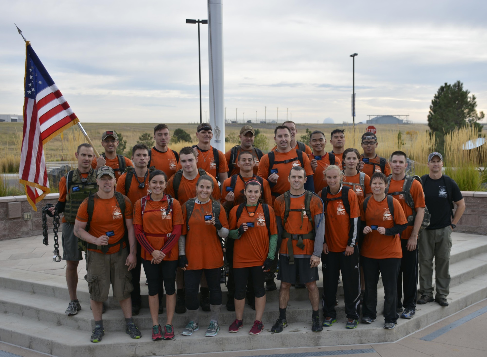 Service members from the Air Reserve Personnel Center participated in a GORUCK Light Challenge Sept. 30, 2015, on Buckley Air Force Base, Colo. ARPC members who participated were: Tech. Sgt. Julia Benson, ARPC assistant personnel systems manager, Tech. Sgt. Carola Todd, ARPC evaluation reports appeal board NCO in charge, Staff Sgt. Christina Sullivan, ARPC retirement services technician, Senior Airmen Aleksey Lazarev, ARPC Guard separation technician, and Senior Airman Jaen Munguia, ARPC evaluation technician. (U.S. Air Force courtesy photo/Master Sgt. Richard Grybos)