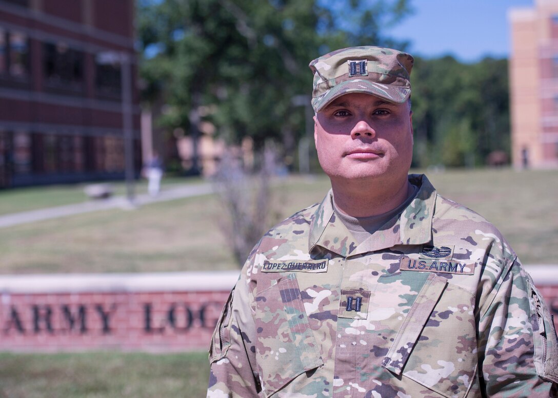 Army Reserve Transportation officer Capt. Daniel Lopez-Guerrero, stands outside of the Army Logistics University at Fort Lee, Va., Sept. 11, 2015. He attended the university to become a multifunctional logistician. DoD photo by U.S. Navy Petty Officer 3rd Class Timothy Haake
