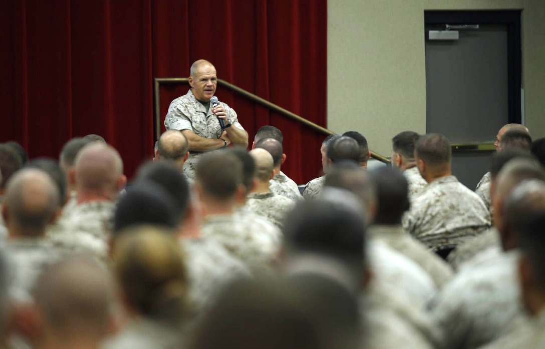 Gen. Robert B. Neller speaks to Marines for the first time as Commandant. Gen. Neller focused on people, readiness, training, Naval integration and modernization during his speech at Marine Corps Base Quantico, Virginia, Oct. 1, 2015.

(U.S. Marine Corps photo by Cpl. Kathy Nunez/Released)