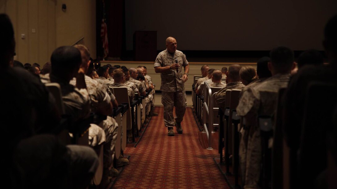Gen. Robert B. Neller speaks to Marines for the first time as commandant at Marine Corps Base Quantico, Va., Oct. 1, 2015. Neller focused on people, readiness, training, Naval integration and modernization during his speech.

