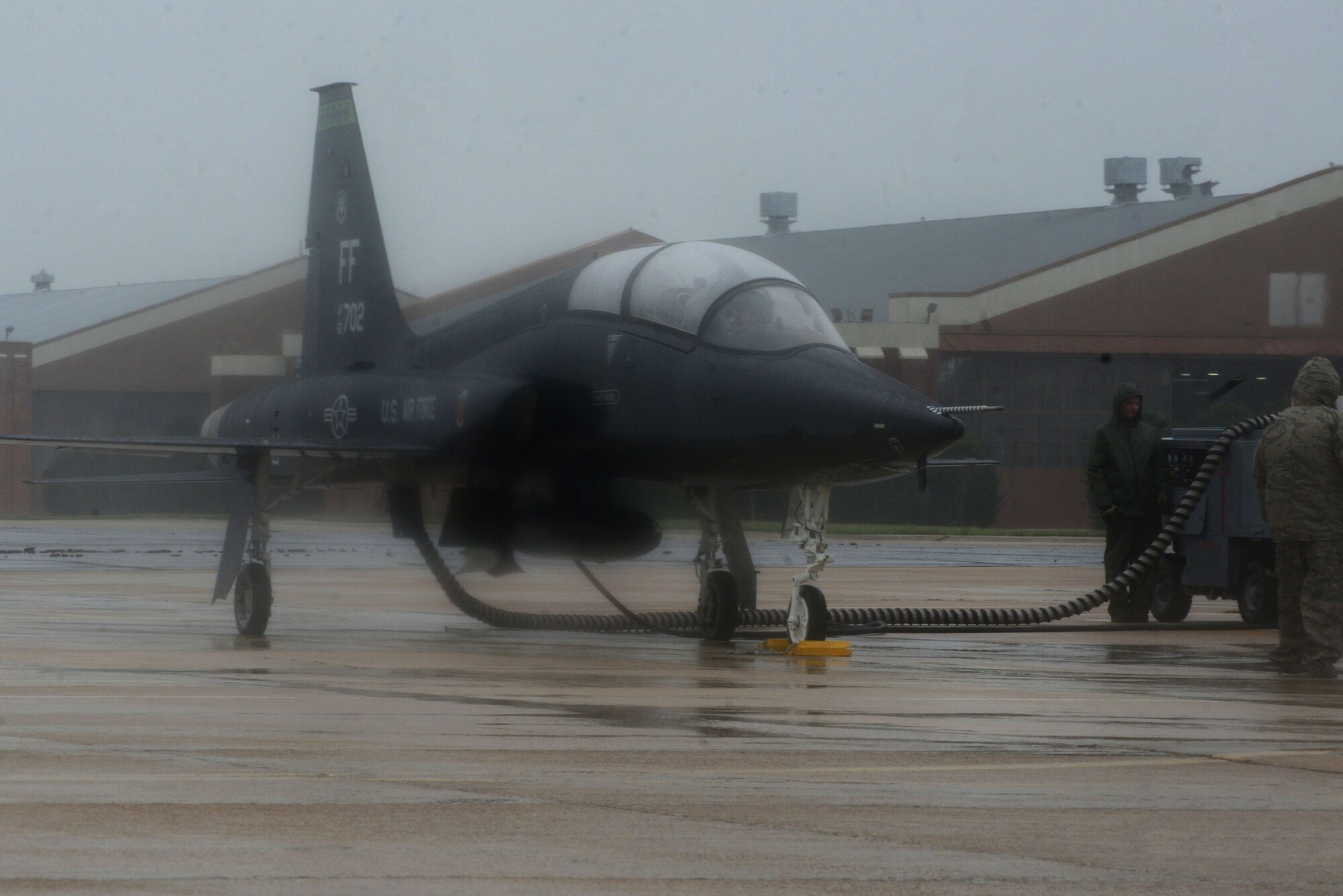 A T-38 Talon finishes up its final flight checks at Langley Air Force Base, Va., Oct. 1, 2015. Hurricane Joaquin is projected to affect the local area starting Oct. 2, and preparation efforts led to the evacuation of aircraft to Grissom Air Reserve Base, Ind.  (U.S. Air Force photo by Senior Airman Kimberly Nagle/Released)
