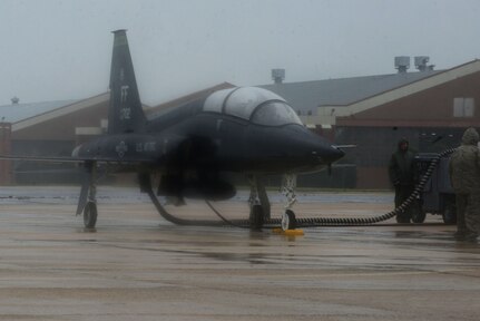 A T-38 Talon finishes up its final flight checks at Langley Air Force Base, Va., Oct. 1, 2015. Hurricane Joaquin is projected to affect the local area starting Oct. 2, and preparation efforts led to the evacuation of aircraft to Grissom Air Reserve Base, Ind.  (U.S. Air Force photo by Senior Airman Kimberly Nagle/Released)
