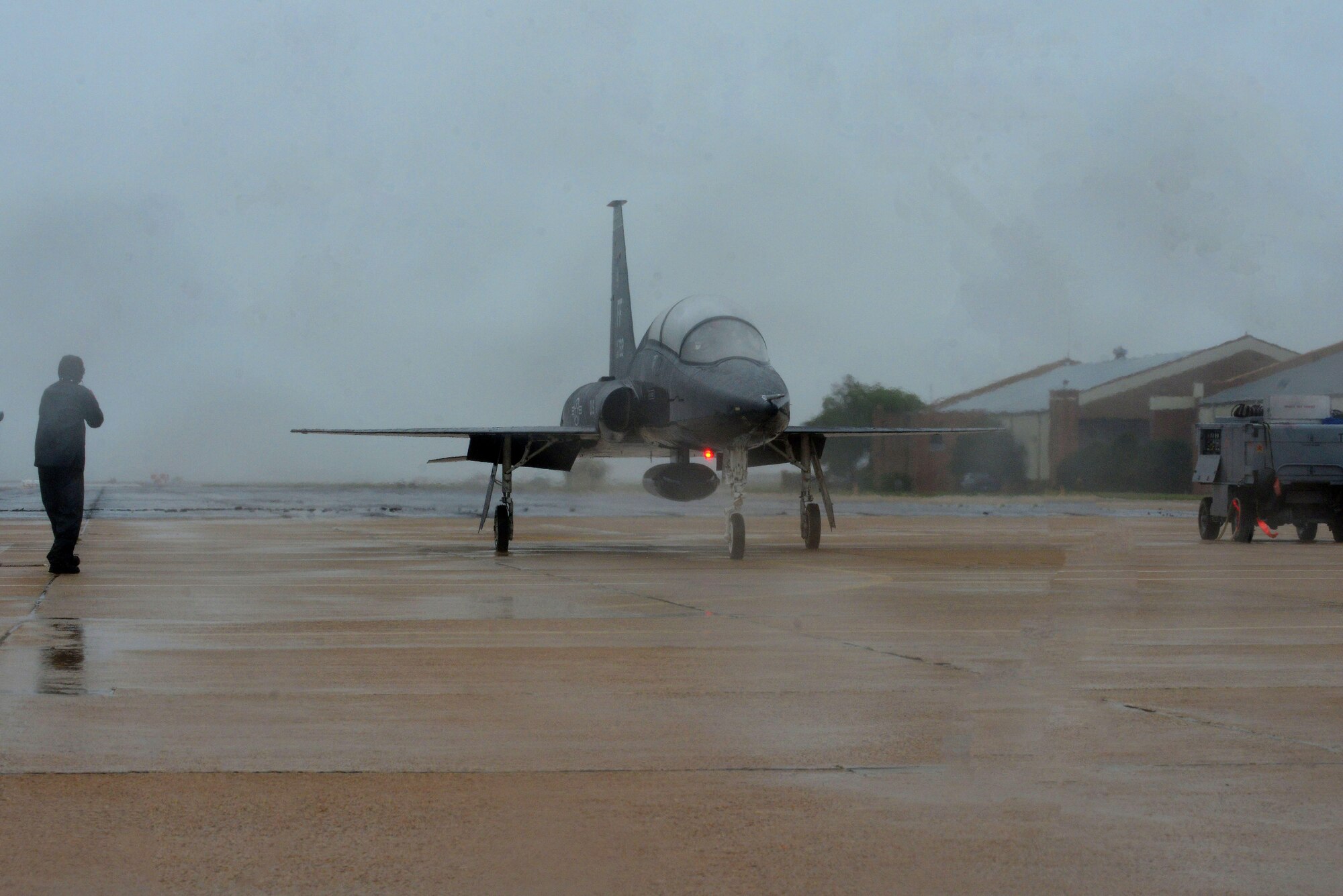 A T-38 Talon waits to take off at Langley Air Force Base, Va., Oct. 1, 2015. This aircraft was part of 40 aircraft and 100 personnel from the 1st and 192nd Fighter Wings evacuating due to  projected tidal surges and potential flooding resulting from
Hurricane Joaquin. (U.S. Air Force photo by Senior Airman Kimberly Nagle/Released)
