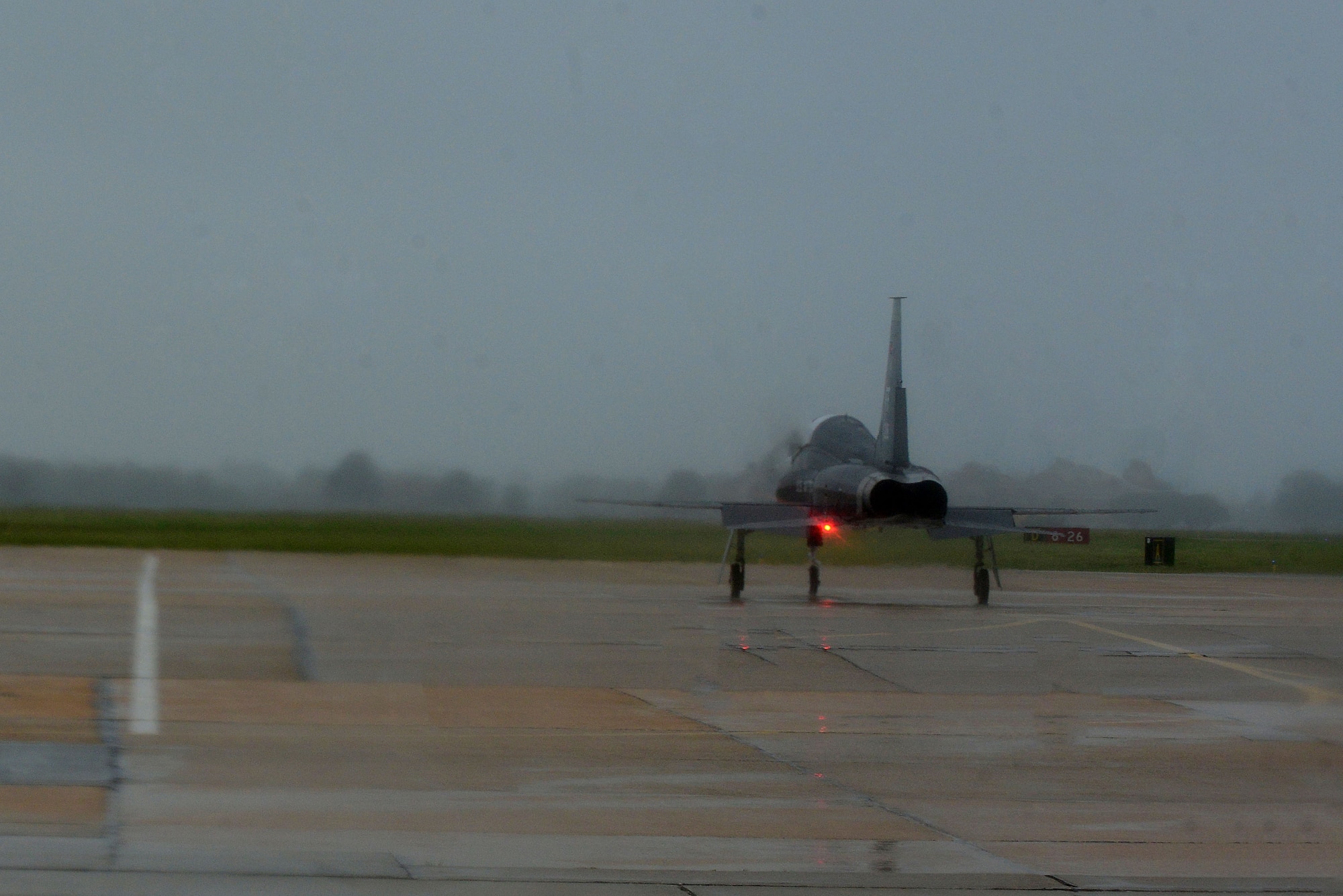 A T-38 Talon prepares for takeoff at Langley Air Force Base, Va., Oct. 1, 2015. Due to projected title surges and potential flooding from Hurricane Joaquin, aircraft were evacuated to Grissom Air Reserve Base, Ind. (U.S. Air Force photo by Senior Airman Kimberly Nagle/Released)