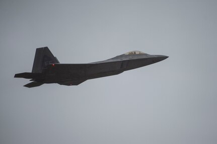 An F-22 Raptor takes off from the runway at Langley Air Force Base, Va., Oct. 1, 2015. Aircraft were evacuated from the installation in preparation for projected tidal surges and potential flooding as a result of Hurricane Joaquin. (U.S. Air Force photo by Senior Airman Kayla Newman/Released)