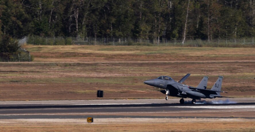 Hundreds of aircrew and a large contingent of aircraft including F-15E Strike Eagles and KC-135 Stratotankers began arriving at Barksdale Air Force Base, La., from Seymour Johnson Air Force Base, North Carolina, Oct. 1, 2015,  to avoid potential damage from high winds associated with Hurricane Joaquinalong the East Coast. (U.S. Air Force photo/Senior Airman Jannelle Dickey)