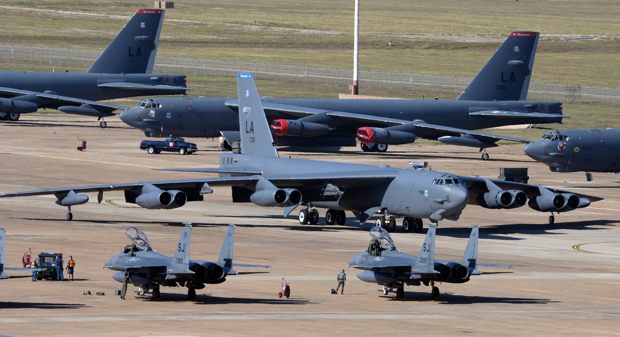 Hundreds of aircrew and a large contingent of aircraft including F-15E Strike Eagles and KC-135 Stratotankers began arriving at Barksdale Air Force Base, La., from Seymour Johnson Air Force Base, North Carolina, Oct. 1, 2015,  to avoid potential damage from high winds associated with Hurricane Joaquinalong the East Coast. (U.S. Air Force photo/Senior Airman Jannelle Dickey)