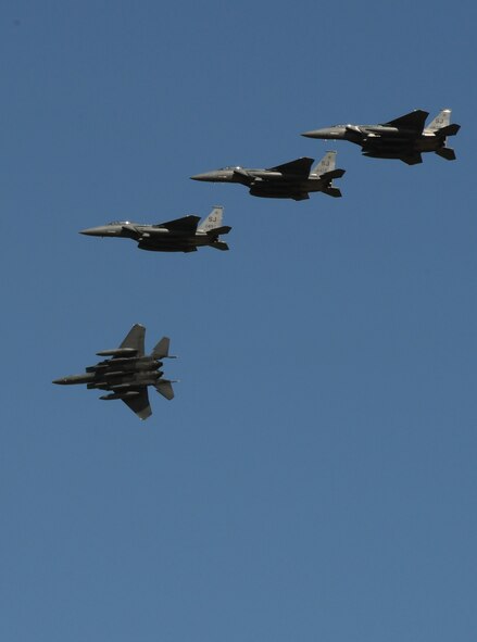 Hundreds of aircrew and a large contingent of aircraft including F-15E Strike Eagles and KC-135 Stratotankers began arriving at Barksdale Air Force Base, La., from Seymour Johnson Air Force Base, North Carolina, Oct. 1, 2015,  to avoid potential damage from high winds associated with Hurricane Joaquinalong the East Coast. (U.S. Air Force photo/Senior Airman Jannelle Dickey)