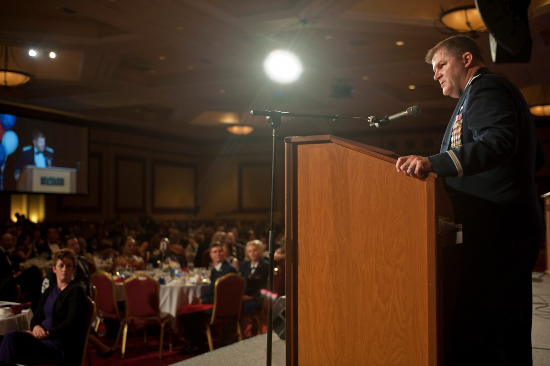 Maj. Gen. Thomas Deale, Air Combat Command director of operations, speaks at the 2015 Las Vegas Air Force Ball at the South Point Hotel and Casino in Las Vegas, Sept. 26, 2015. Deale was the guest speaker of the event, which celebrated the 68th anniversary of the United States Air Force. (U.S. Air Force photo by Staff Sgt. Siuta B. Ika)