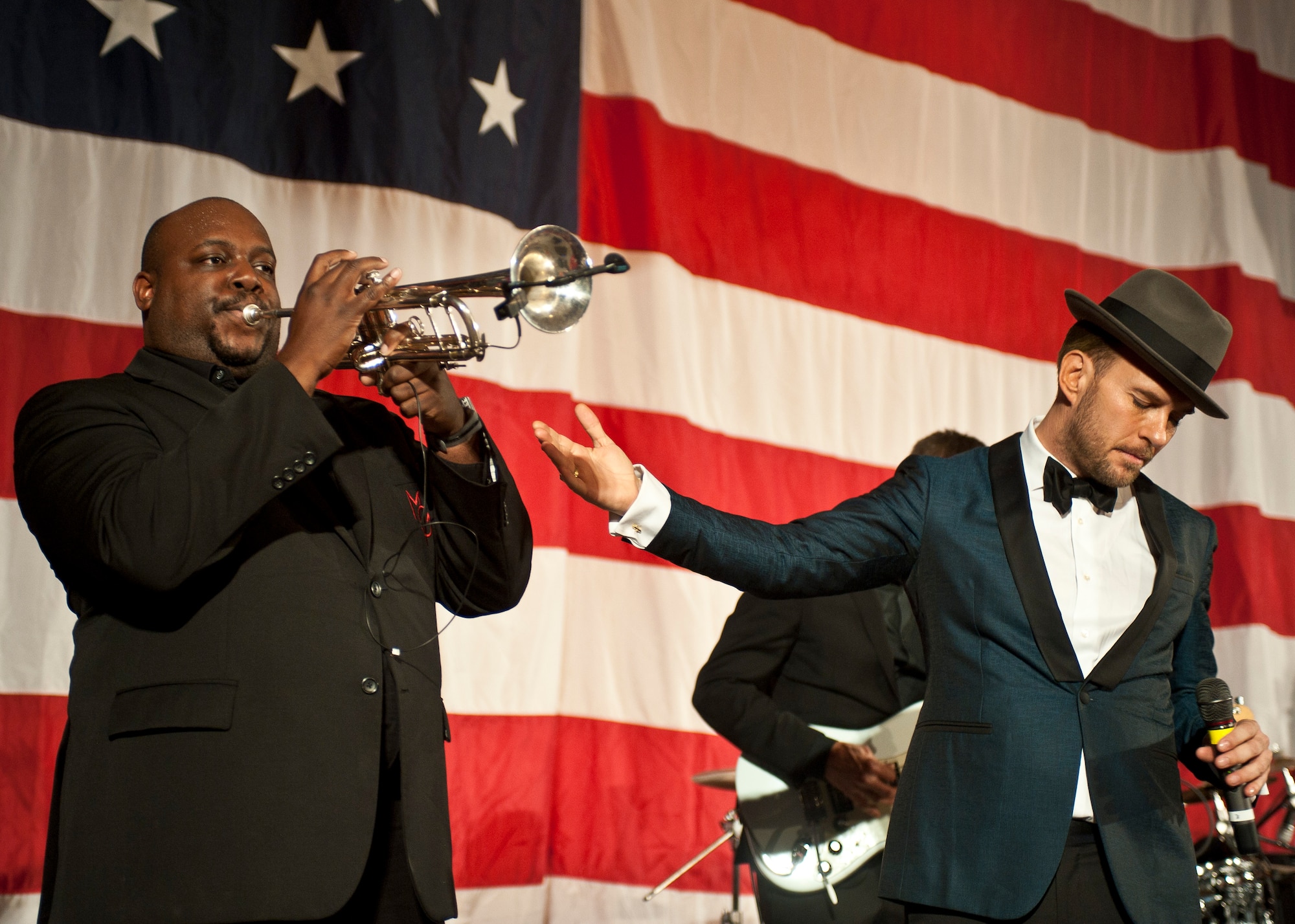 A trumpet player in Matt Goss’ seven-piece band performs during the 2015 Las Vegas Air Force Ball at the South Point Hotel and Casino in Las Vegas, Sept. 26, 2015. Goss and his seven-piece band were the headline performers for the event, which was attended by Air Force members, spouses, local and corporate supporters, honored guests, and military leadership. (U.S. Air Force photo by Staff Sgt. Siuta B. Ika)