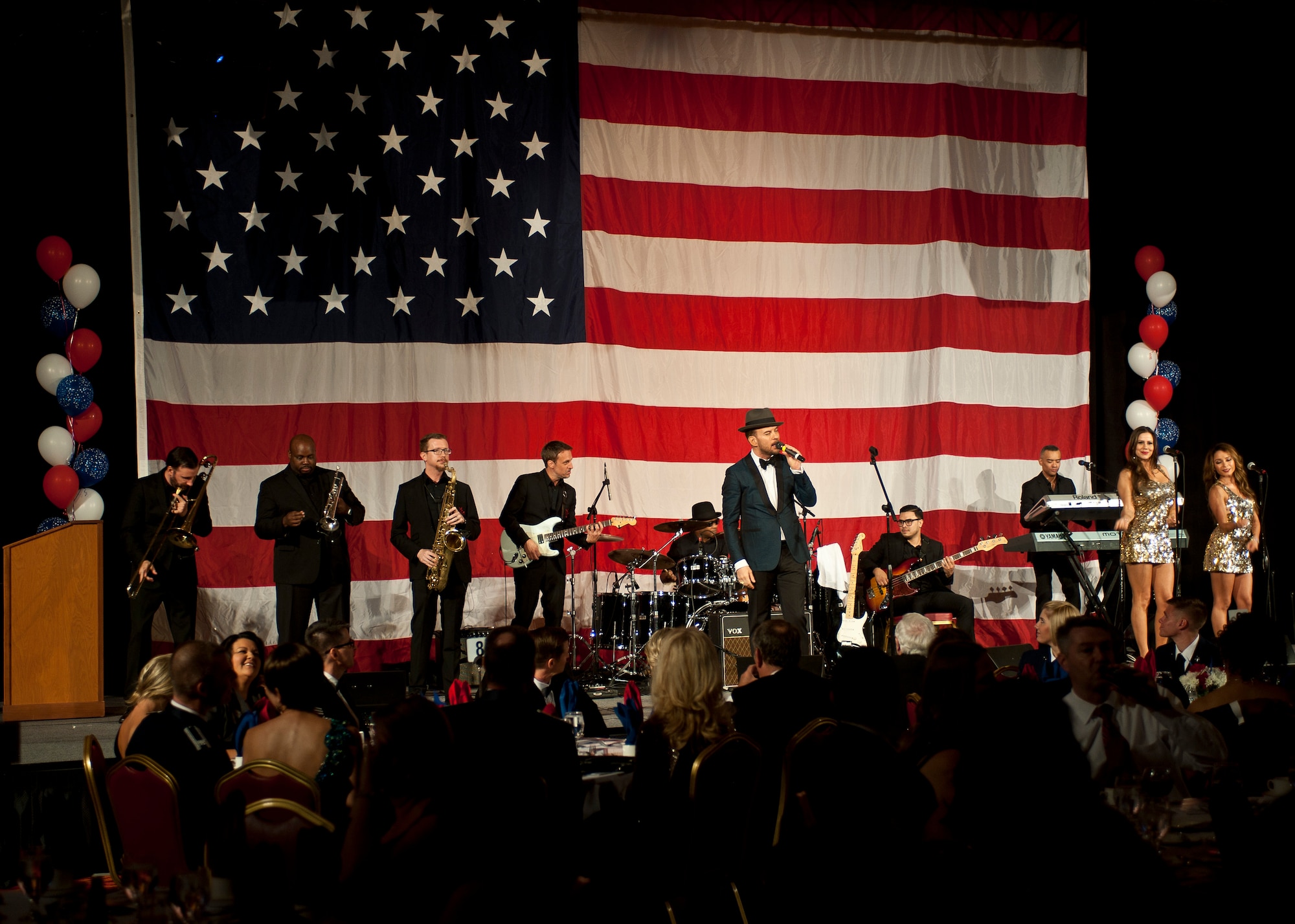 Matt Goss and his seven-piece band perform during the 2015 Las Vegas Air Force Ball at the South Point Hotel and Casino in Las Vegas, Sept. 26, 2015. Goss performed a 30-minute live set during the event, which celebrated the 68th anniversary of the United States Air Force. (U.S. Air Force photo by Staff Sgt. Siuta B. Ika)