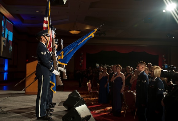 Members of the Nellis Air Force Base Honor Guard present the colors during the 2015 Las Vegas Air Force Ball at the South Point Hotel and Casino in Las Vegas, Sept. 26, 2015. The theme for this year’s event was, “Embracing our Legacy, Forging the Future” and recognized Air Force Airmen and their families serving worldwide. (U.S. Air Force photo by Staff Sgt. Siuta B. Ika)