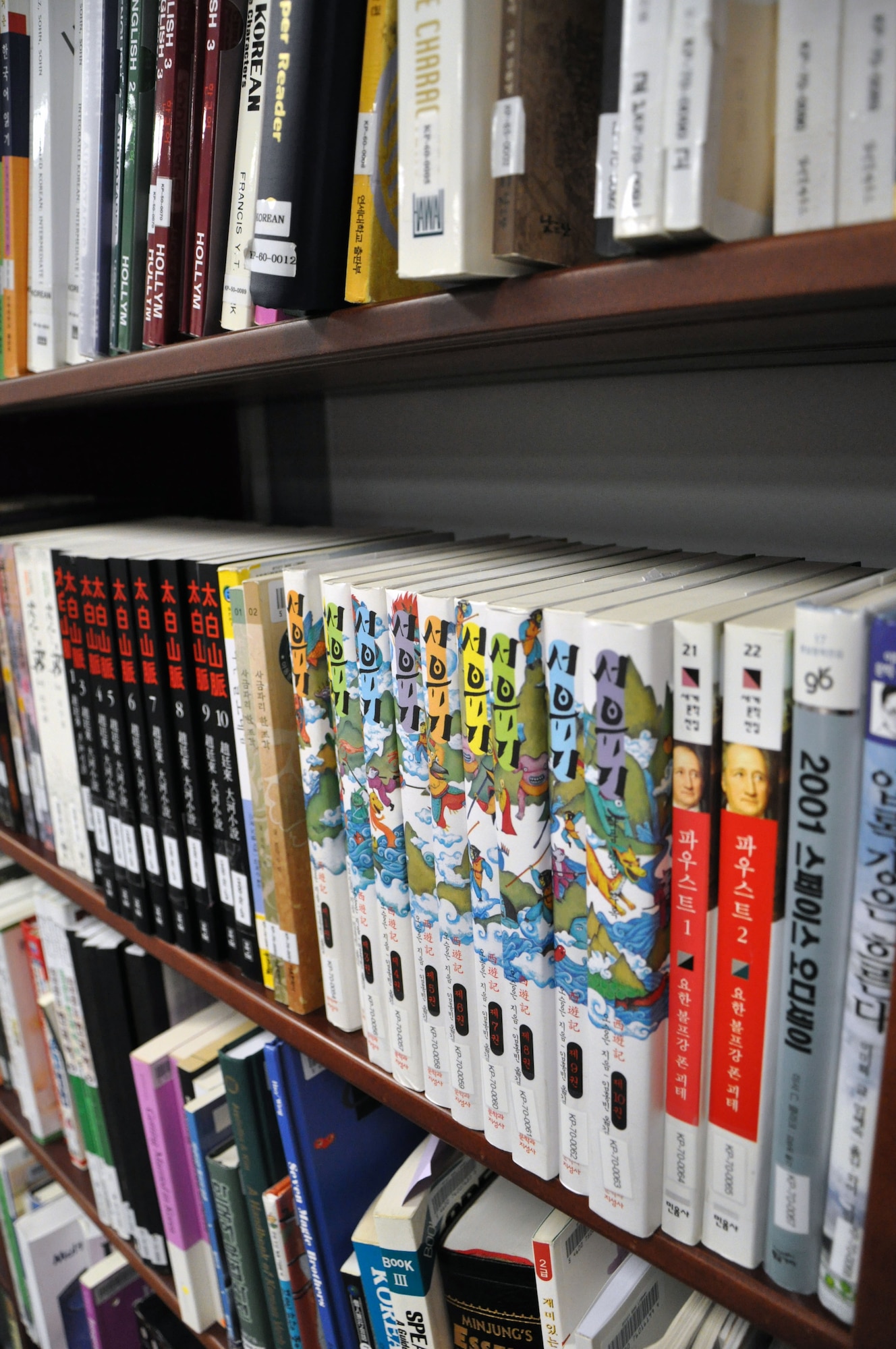 Books in various languages fill the shelves of the Offutt Language Learning Center’s library Sept 23. Among the languages that Air Force linguists learn are Spanish, Korean, Chinese, Persian Farsi, Russian, Pashto, Arabic, Hebrew and Dari. (U.S. Air Force photo by Staff Sgt. Rachelle Blake)