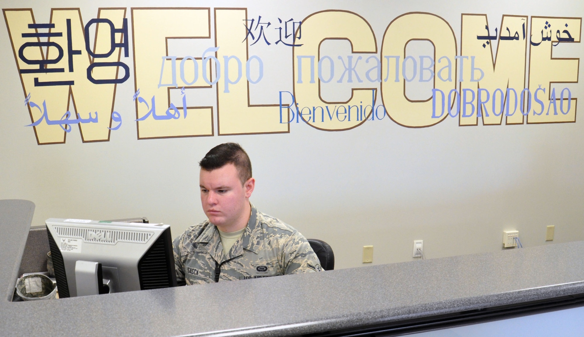 U.S. Air Force Airman Kyle Sacca mans the front desk of the Offutt Language Learning Center Sept. 23. The 55th Wing is home to two LLCs that are vital in the upkeep of linguist training. (U.S. Air Force photo by Staff Sgt. Rachelle Blake)