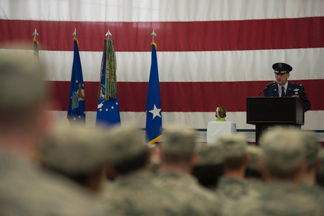 Col. Gentry Boswell, 28th Bomb Wing Commander, addresses Ellsworth Airmen at the B-1 realignment ceremony at Ellsworth Air Force Base, S.D., Sept. 28, 2015. In addition to the transfer of bomber fleets, the Air Force Global Strike Command will also take the lead of the Long-Range Strike Bomber program. (U.S Air Force photo by Senior Airman Rebecca Imwalle/Released)