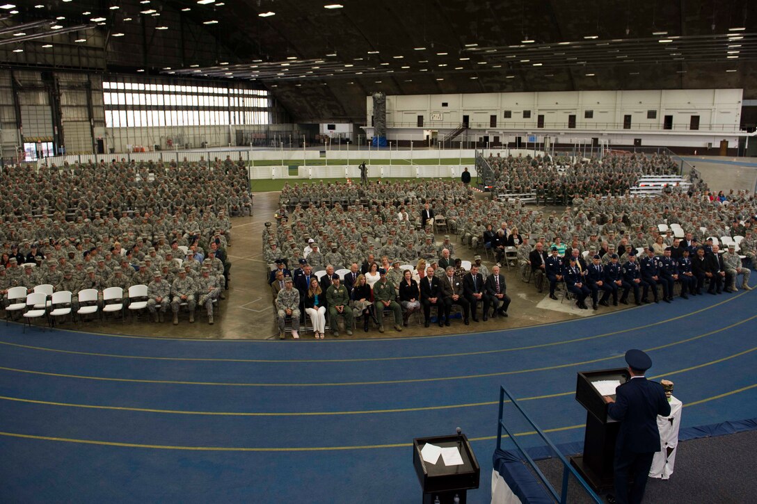 Col. Gentry Boswell, 28th Bomb Wing commander, addresses Ellsworth Airmen and civic leaders from the Black Hills Region at the B-1 realignment ceremony at Ellsworth Air Force Base, S.D., Sept. 28, 2015. Effective Oct. 1, 63 aircraft and approximately 7,000 personnel from Ellsworth and Dyess AFB, Texas, will be realigned under Air Force Global Strike Command and transition to Eighth Air Force from Twelfth Air Force. (U.S Air Force photo by Senior Airman Rebecca Imwalle/Released)