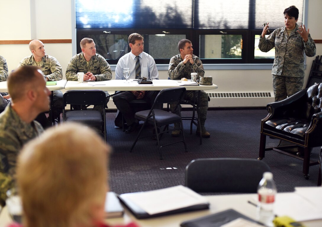 Col. Denise Cooper, 341st Mission Support Group commander, speaks to Airmen during a leadership and self-deception roundtable event at the Malmstrom Air Force Base, Mont., chapel Sept. 29, 2015. The theme of the event was built around developing good leadership qualities and learning how to apply them on a daily basis. (U.S. Air Force photo/Airman Collin Schmidt)