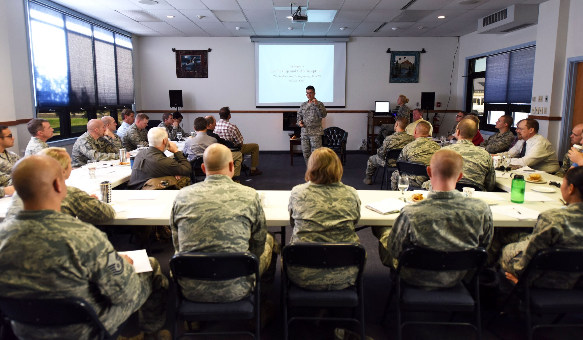 Chaplain (Capt.) William McMullan, 341st Missile Wing chaplain, speaks to Airmen of the 341st Mission Support Group on the topic of leadership and self-deception at the Malmstrom Air Force Base, Mont., chapel Sept. 29. The roundtable was held to help Airmen of the 341st MSG learn to become the best leaders possible and be effective at guiding people under their command.  (U.S. Air Force photo/Airman Collin Schmidt) 