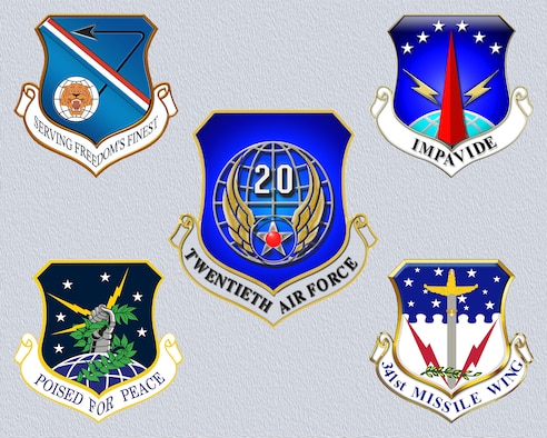 The shield for the 377th Air Base Wing, top left, joins those of the other 20th Air Force Wings as it joins the 20th AF Family Oct. 1, 2015.