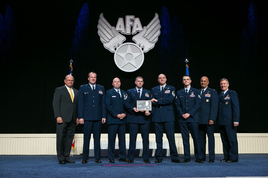 Team Offutt’s 2015 General Jerome F. O'Malley Award winners stand together for a photo during the 2015 Air & Space Conference and Technology Exposition in National Harbor, Maryland.  (Courtesy photo)

