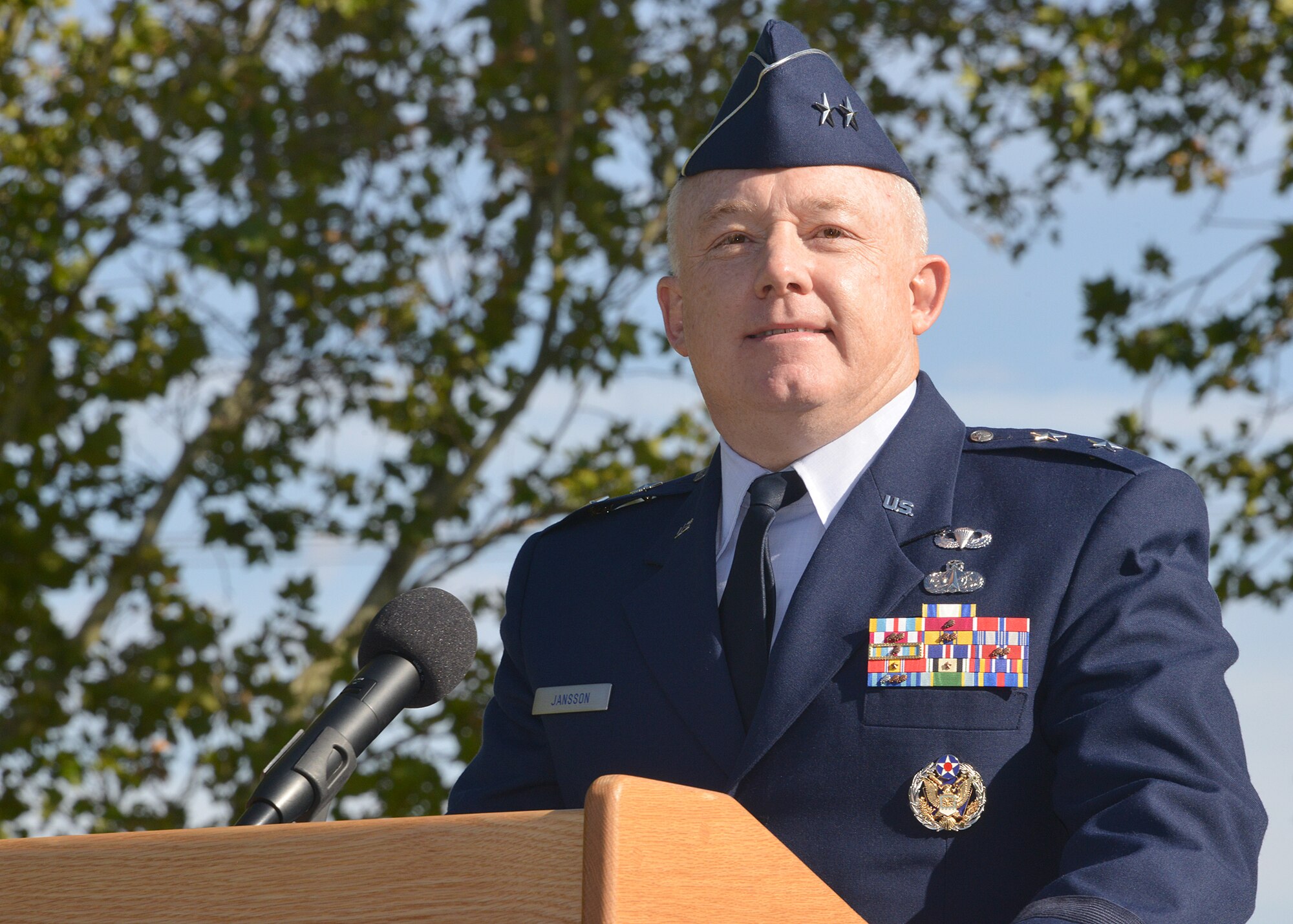 Maj. Gen. Scott Jansson, speaks to an audience after taking command of the Air Force Nuclear Weapons Center during a change of command ceremony Oct. 1 at Hardin Field. (Photo by Dennis Carlson)
