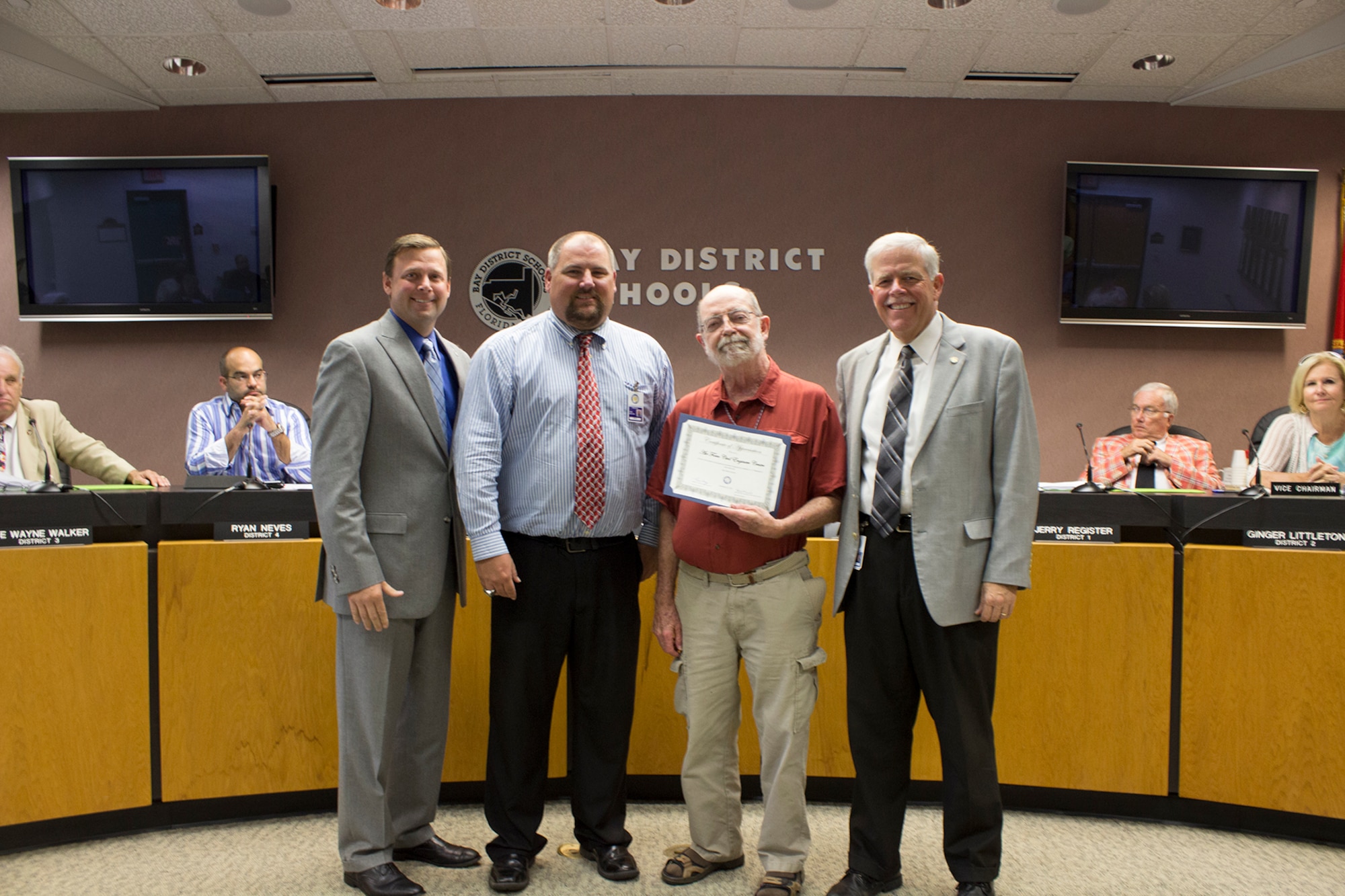 Dr. Joe Wander, the science, technology, engineering and math outreach coordinator at the Air Force Civil Engineer Center at Tyndall Air Force Base, Florida, is recognized with a certificate of appreciation Sept. 22 for supporting C.C. Washington Academy in Panama City, Florida. Wander was able to help fund a new science lab for the middle school through AFCEC’s STEM program which directly supports and funds STEM programs at local schools.