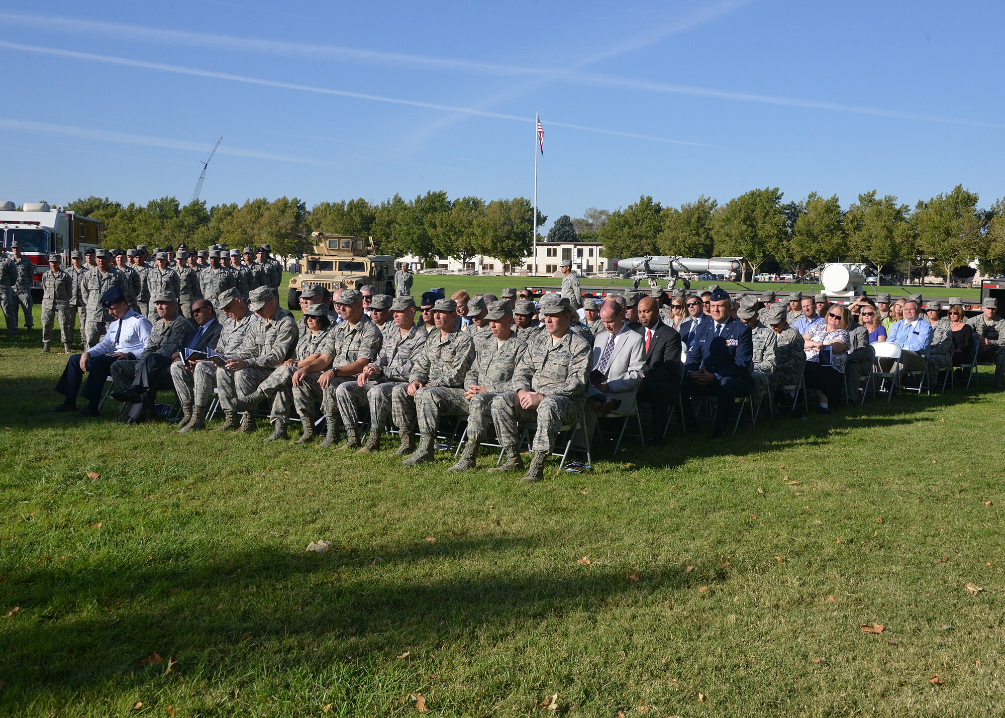 Maj. Gen. Jack Weinstein, 20th Air Force commander, speaks to an audience at the Oct. 1 wing transfer ceremony at Kirtland Air Force Base, New Mexico. The 377th Air Base Wing was transferred from Air Force Materiel Command to Air Force Global Strike Command. (U.S. Air Force photo Dennis Carlson/Released)