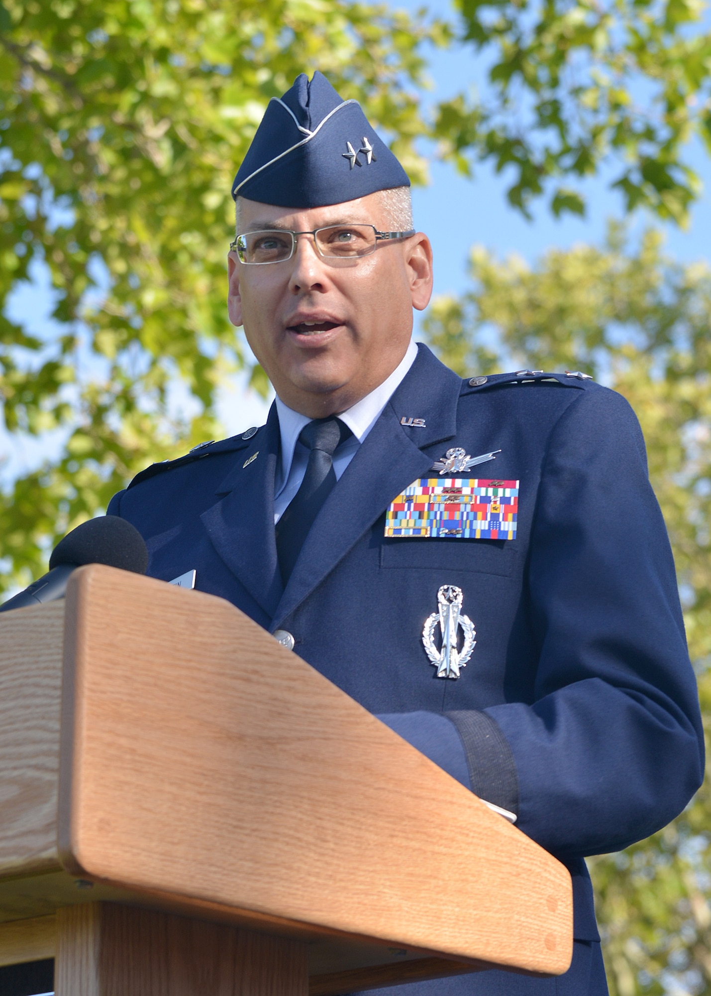 Maj. Gen. Jack Weinstein, 20th Air Force commander, speaks at a ceremony Oct. 1, 2015, at Kirtland Air Force Base, N.M., transitioning the 377th Air Base Wing from Air Force Materiel Command to Air Force Global Strike Command. (U.S. Air Force by Todd Berenger/Released)