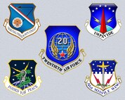 The shield of the 377th Air Base Wing, upper left,  joins those of the 20th Air Force on Oct. 1, 2015.