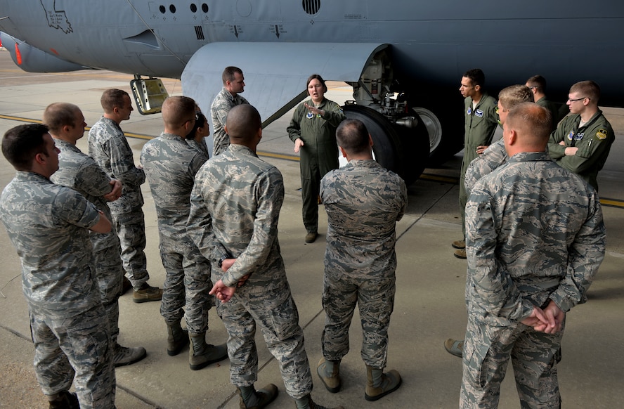 Intercontinental ballistic missile maintainers, operators and security forces Airmen are briefed by B-52 Stratofortress aircrew as part of a Higher Headquarters Professional Development Tour at Barksdale Air Force Base, La., Sept. 29, 2015. The tour educated ICBM Airmen on both the nuclear and conventional capabilities of AFGSC bomber operations and how the command integrates its capabilities for the nuclear deterrence and assurance mission. (U.S. Air Force photo/Airman 1st Class Mozer O. Da Cunha)