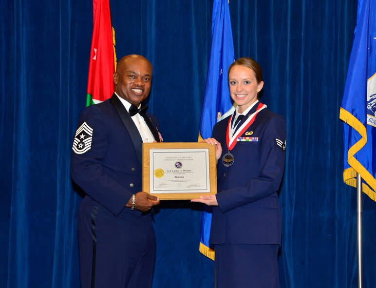MCGHEE TYSON AIR NATIONAL GUARD BASE, Tenn. - Senior Airman Carly Whitten, right, receives the Distinguished Graduate Award for Airman leadership school class 15-8 from  Chief Master Sgt. Anthony Whitehead, command Chief Master Sgt. for the Air National Guard Readiness Center, here, Sept. 29, 2015, at the I. G. Brown Training and Education Center. The distinguished graduate award is presented to students in the top 10 percent of the class. (U.S. Air National Guard photo by Master Sgt. Jerry D. Harlan/Released)