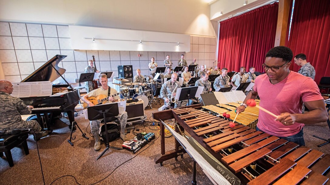 The Airmen of Note, in rehearsal with jazz vibraphonist Stefon Harris, are preparing for their first 2015 Jazz Heritage Series concert which will occur at the University of Maryland's Clarice Smith Performing Arts Center. (U.S. Air Force photo by Senior Master Sgt Kevin Burns/released)
