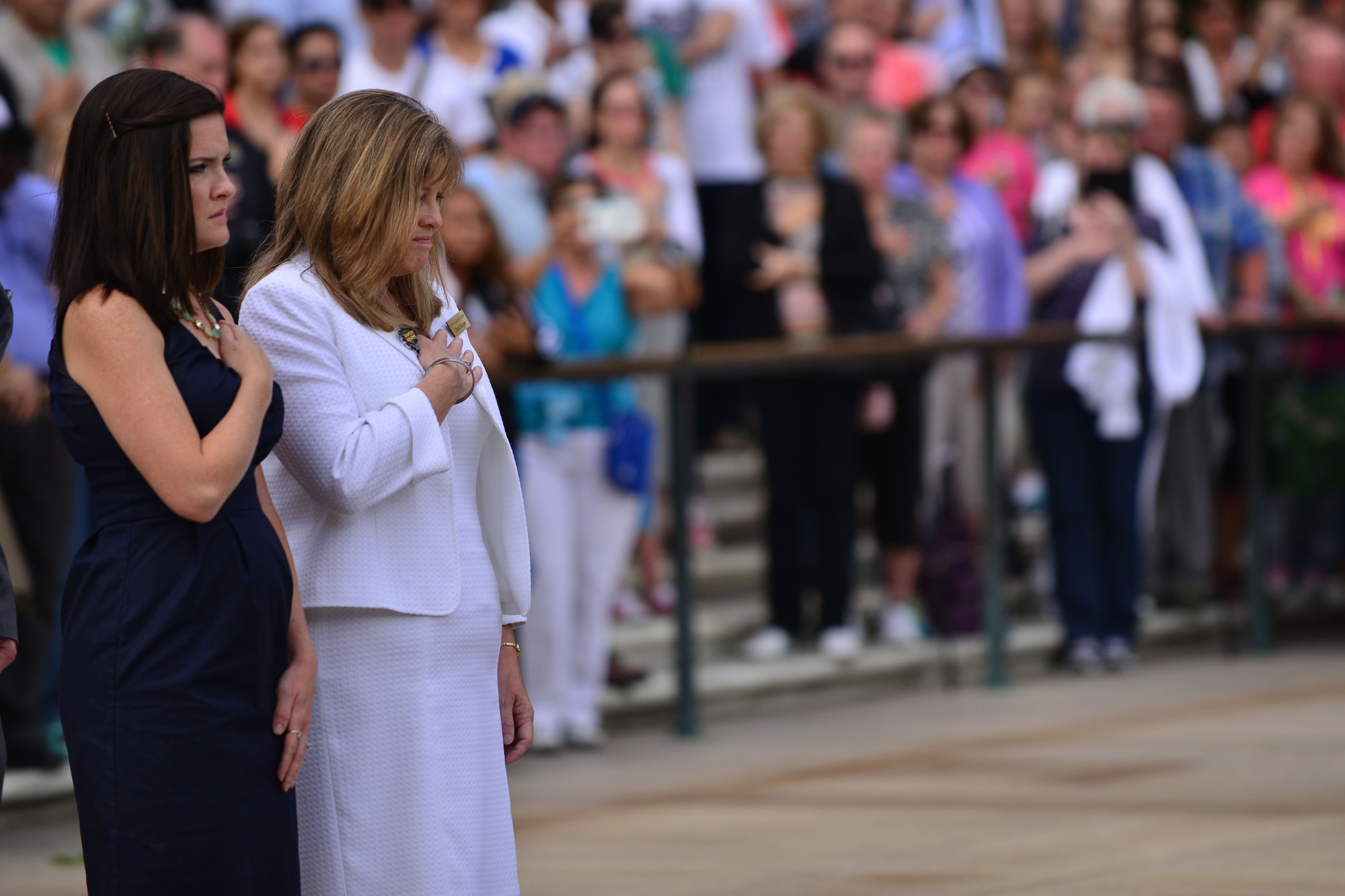 American Gold Star Mothers pay honor during a wreath-laying ceremony at the Tomb of the Unknown Soldier in Arlington National Cemetery in Arlington, Va., Sept. 27, 2015. According to its charter, American Gold Star Mothers, Inc., aims to promote peace and good will for all nations while maintaining true allegiance to the United States of America and perpetuating the memory of those whose lives were sacrificed in war. (U.S. Air Force photo by Staff Sgt. Natasha Stannard/Released)