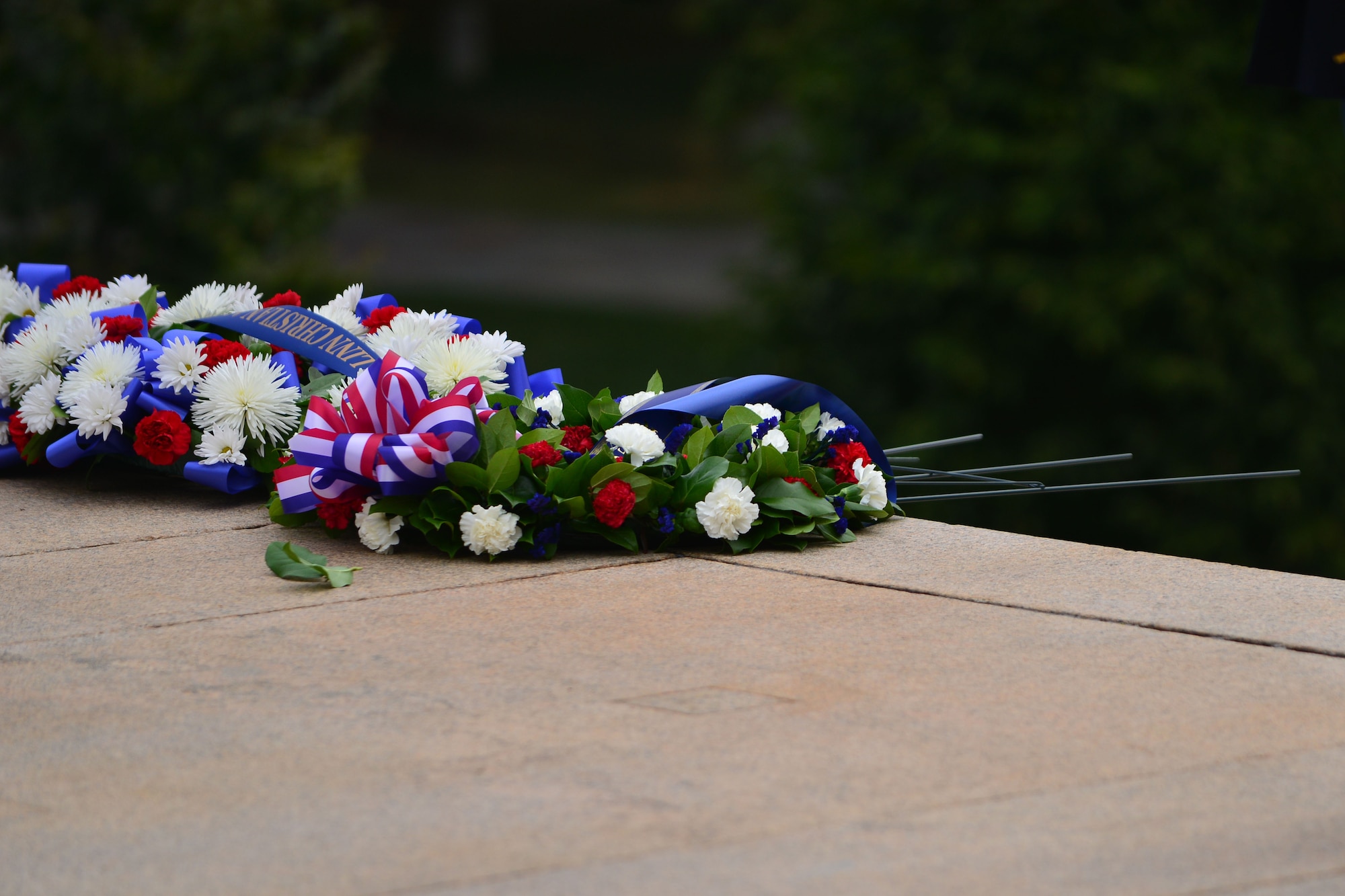 A Blue Star Mothers ceremonial wreath lies at the Tomb of the Unknown Soldier during the Gold Star Mother’s Day Observance at Arlington National Cemetery in Arlington, Va., Sept. 27, 2015. The ceremony included a wreath-laying in recognition of both Gold and Blue Star Mothers. (U.S. Air Force photo by Staff Sgt. Natasha Stannard/Released)
