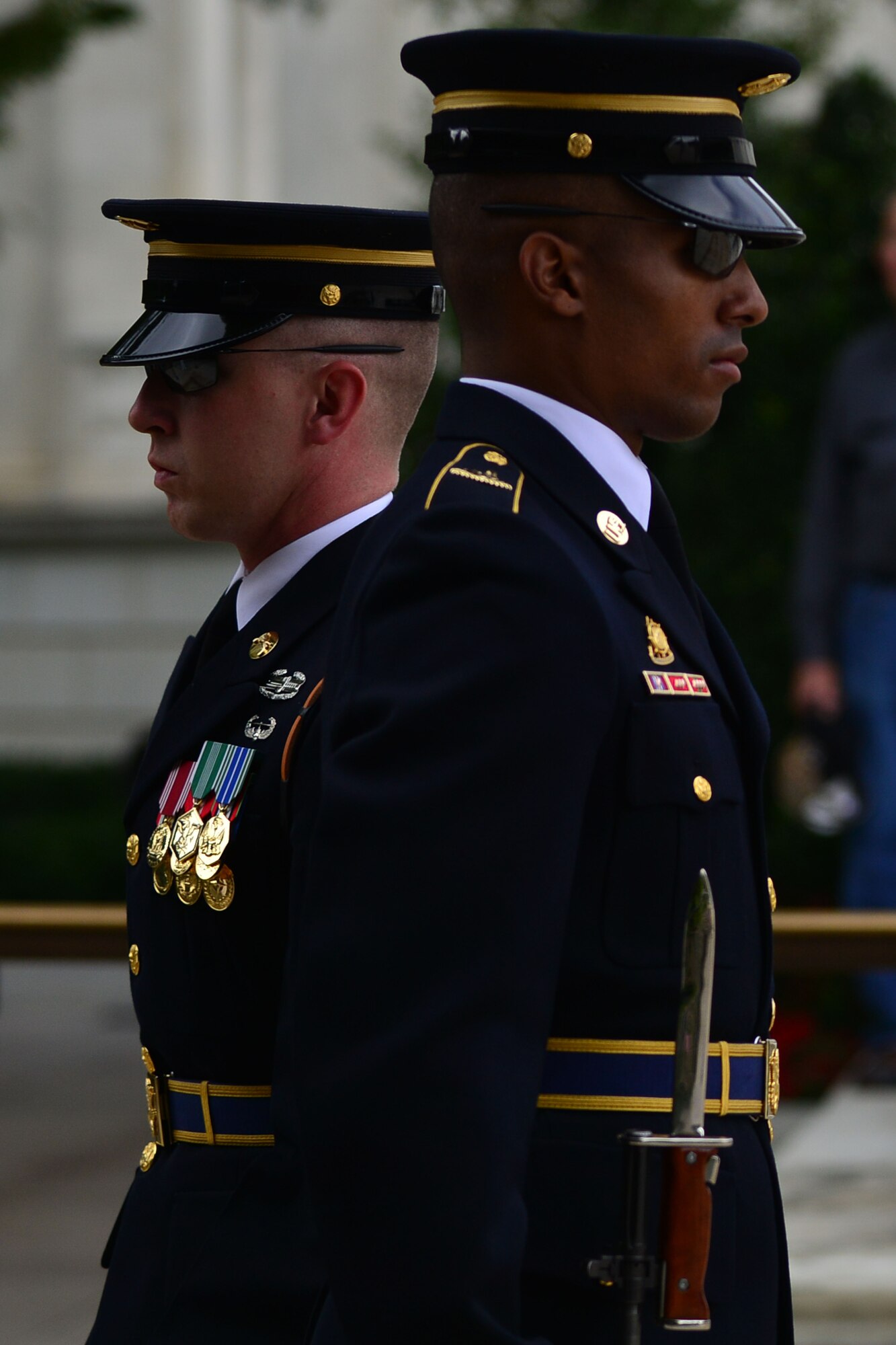 U.S. Army 3rd U.S. Infantry Regiment (The Old Guard) sentinels conduct an inspection during the Gold Star Mother’s Day Observance at Arlington National Cemetery in Arlington, Va., Sept. 27, 2015. Along with guarding the Tomb of the Unknown Soldier, the Regiment also participates in events like the observance at the cemetery year-round. (U.S. Air Force photo by Staff Sgt. Natasha Stannard/Released)